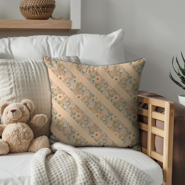 Pastel beige floral pattern diagonal stripes throw pillow (Creator Uploaded)