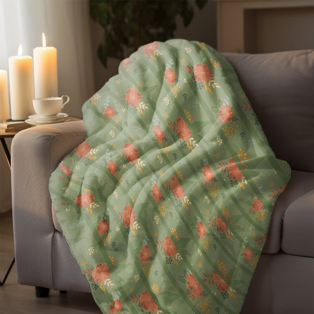 Pastel beige green mint floral stripe pattern  fleece blanket (Creator Uploaded)