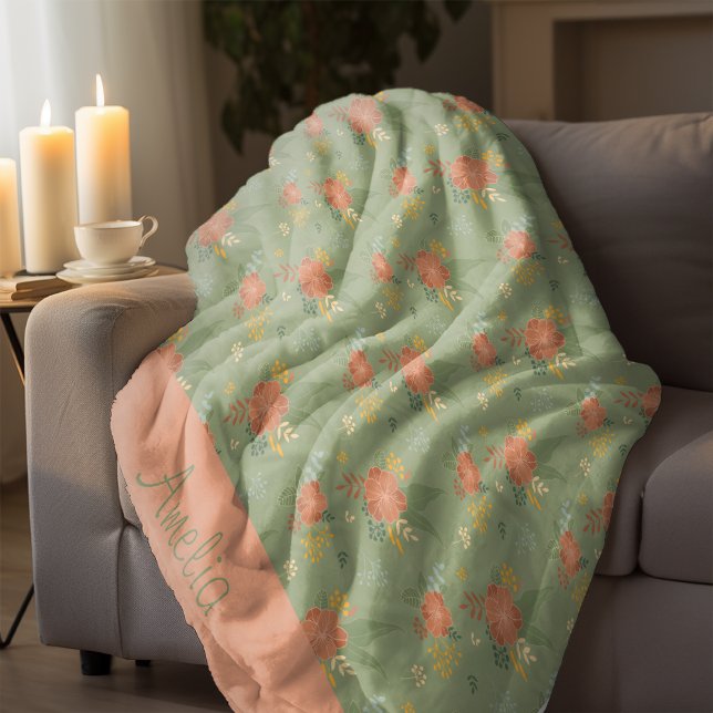 Pastel beige green mint floral stripe pattern name fleece blanket (Creator Uploaded)