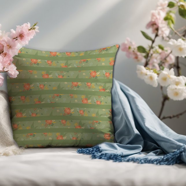 Pastel beige green mint floral stripe pattern  throw pillow (Creator Uploaded)