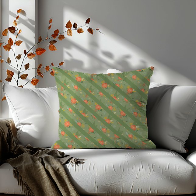 Pastel beige mint floral diagonal stripes pattern  throw pillow (Creator Uploaded)