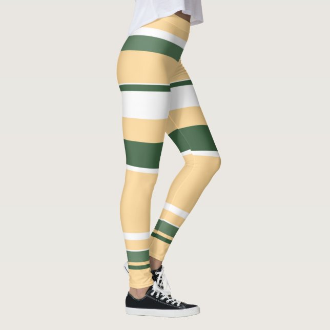 Pastel Beige Olive Green White Lines Stripes Leggings (Right)
