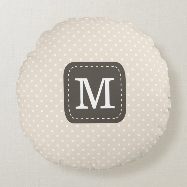 Pastel Beige Pattern Dark Brown Custom Monogram Round Pillow (Front)