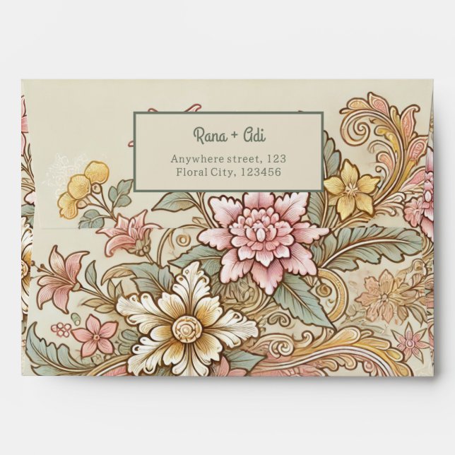 Pastel Beige Pink Yellow Batik Floral Pattern Envelope (Back (Top Flap))