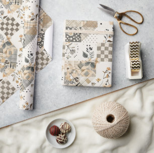Pastel Beige Quilt Earthy Gingham Cottagecore Wrapping Paper