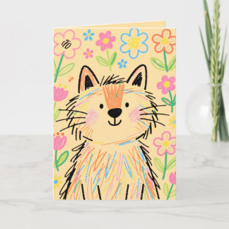 Pastel Beige Scribble Cat Greetings Card