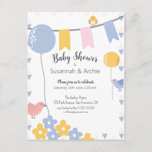 Pastel Birds & Balloons Baby Shower Invitation Postcard