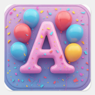 🎂 Pastel Birthday Cake Letter A Party Decor Kids  Square Sticker