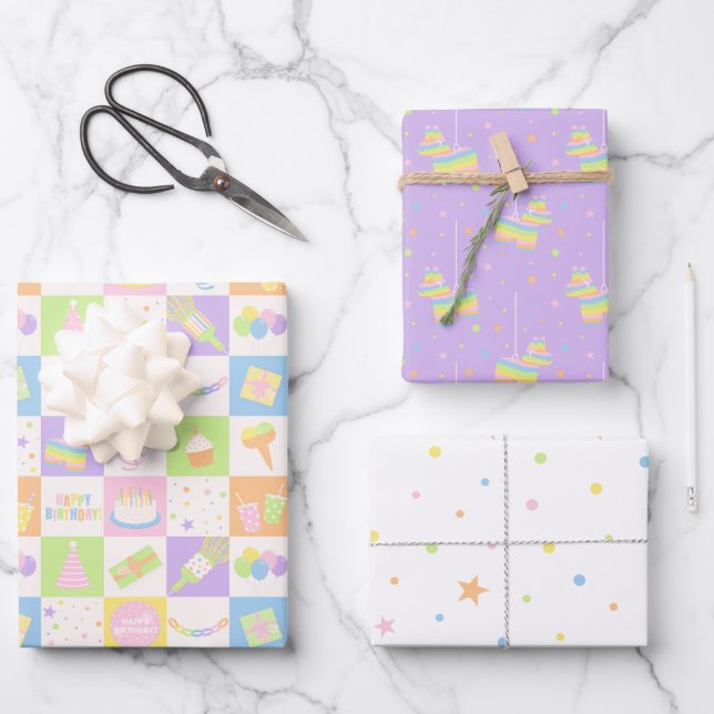 Pastel Birthday Pattern Set with Party Designs Wrapping Paper Sheet (Front)
