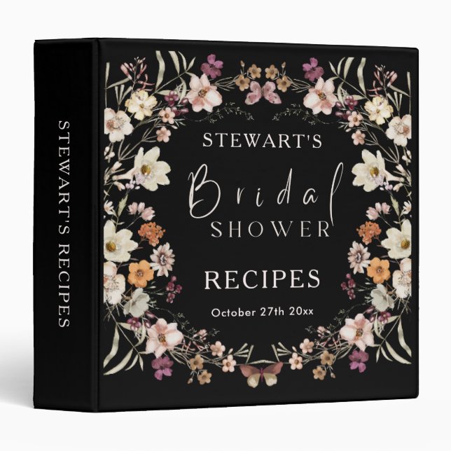 Pastel Black Wildflower Modern Boho Bridal Shower Binder (Front/Spine)