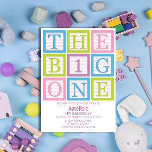 Pastel Block Letters The Big One Girl’s Invitation