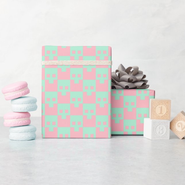 Pastel Block Skulls in Pink and Mint Wrapping Paper (Baby Shower)