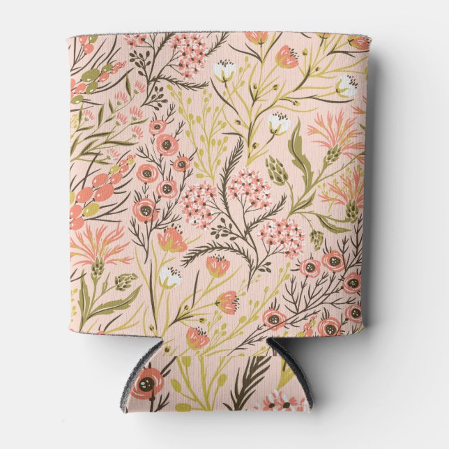 Pastel Blooming Flowers Vintage Pattern Can Cooler (Front)