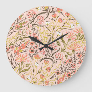 Pastel Blooming Flowers Vintage Pattern Large Clock