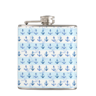 Pastel Blue Anchor Pattern Hip Flask