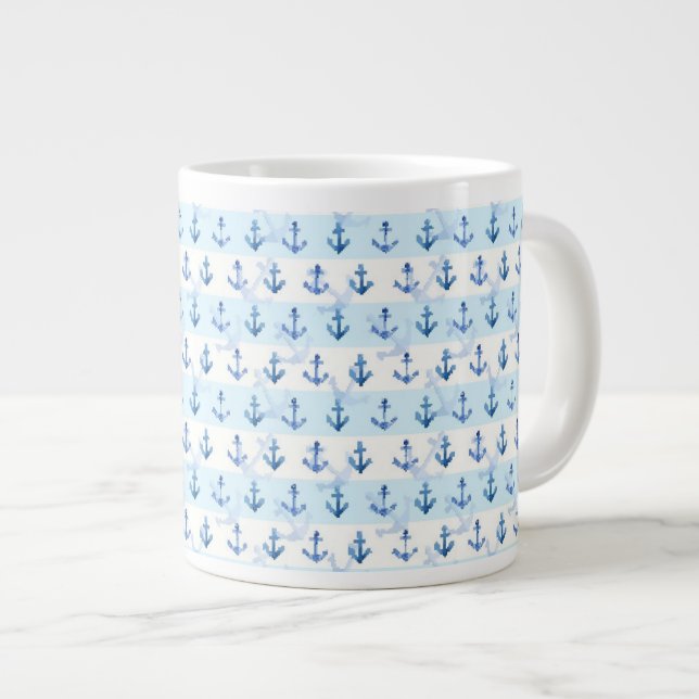 Pastel Blue Anchor Pattern Large Coffee Mug (Front Right)