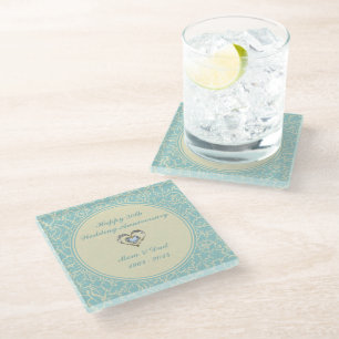 Pastel Blue And Beige Damask. 50th Anniversary Glass Coaster