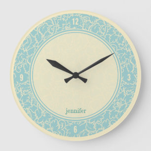 Pastel Blue And Creme Floral Damasks Large Clock