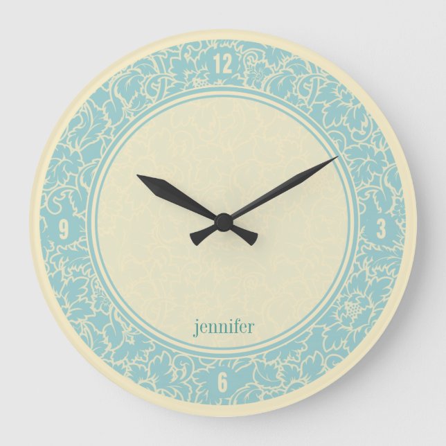 Pastel Blue And Creme Floral Damasks Large Clock (Front)