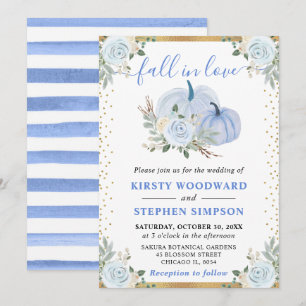 Pastel Blue and Gold Floral Pumpkins Fall Wedding Invitation