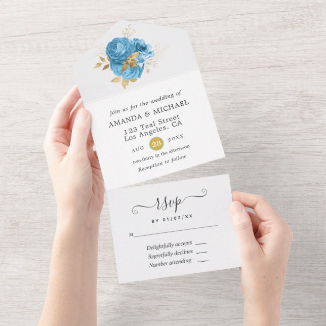 Pastel Blue and Gold Floral Wedding All In One Inv Invitation (Tearaway)