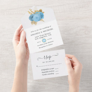 Pastel Blue and Gold Floral Wedding All In One Inv Invitation