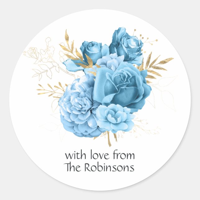 Pastel Blue and Gold Floral Wedding Classic Round Sticker (Front)