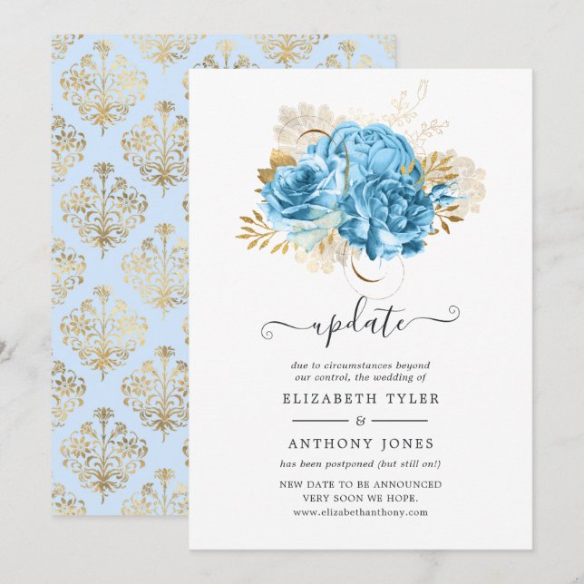 Pastel Blue and Gold Floral Wedding Update Invitation (Front/Back)