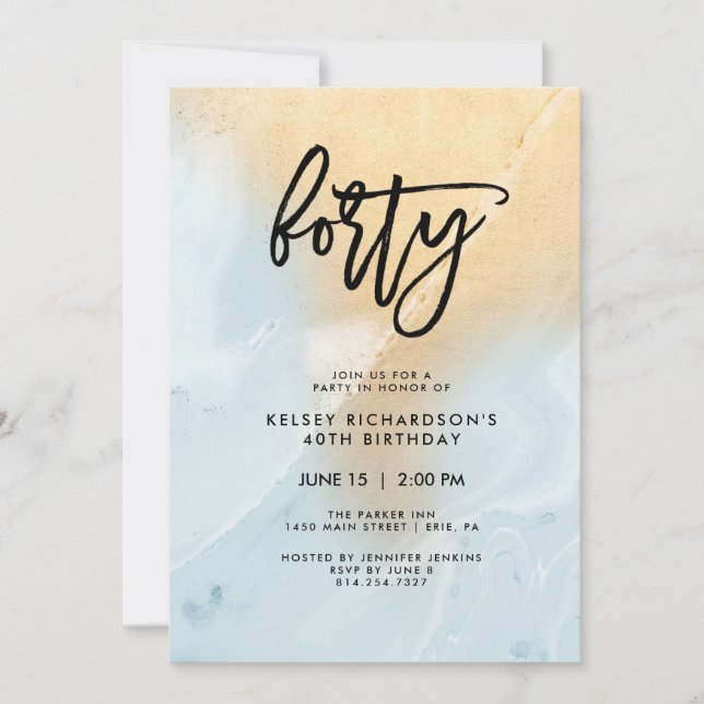 Pastel Blue and Gold Marble | 40th Birthday Party Invitation (Front)
