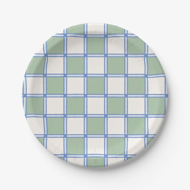 Pastel Blue and Green Painted Checkers Paper Plate (Front)