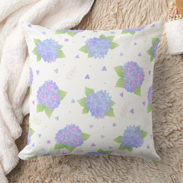 Pastel Blue and Lilac Hydrangea Floral Pattern Throw Pillow (Blanket)
