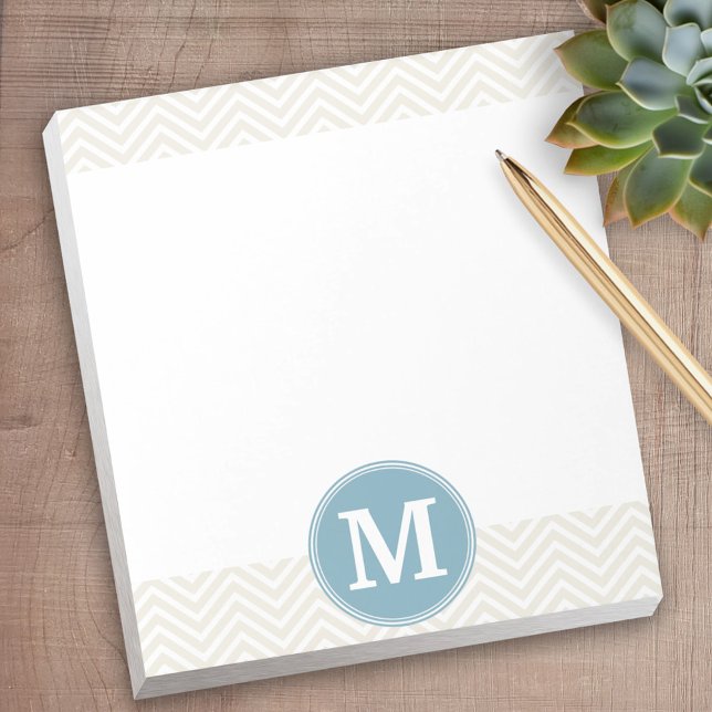 Pastel Blue and Linen Chevrons Custom Monograms Notepad (Personalized notepad - great for a gift or your home office)