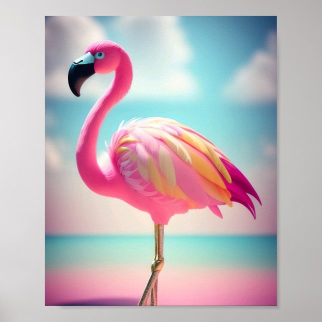 Pastel blue and pink flamingo artwork poster (Front)