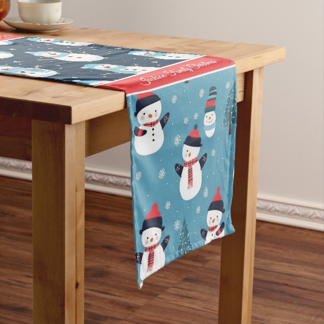 Pastel Blue and Red Christmas Print Medium Table Runner (In Situ)
