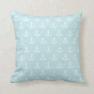 Pastel Blue and White Anchor Pattern Throw Pillow