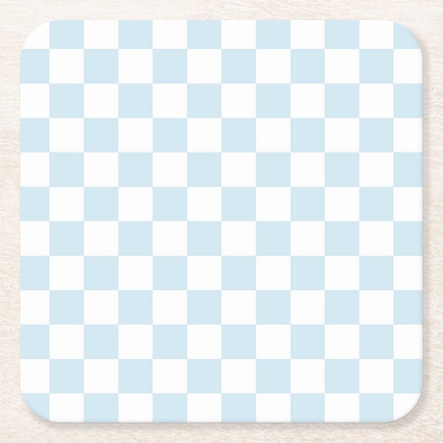 Pastel Blue and White Chequerboard Square Paper Coaster (Front)