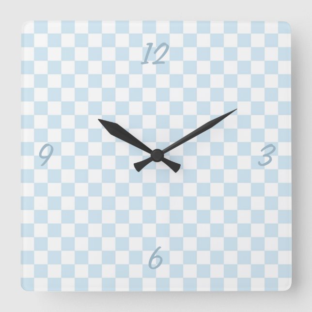 Pastel Blue and White Chequerboard Square Wall Clock (Front)