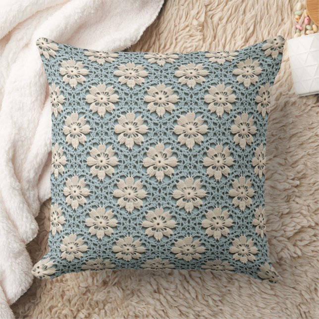 Pastel Blue and White Crochet Look Throw Pillow (Blanket)