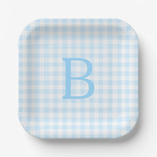 Pastel Blue and White Gingham Monogrammed Paper Plate