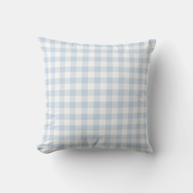 Pastel Blue and White Gingham Pattern Chequered Outdoor Pillow (Front)