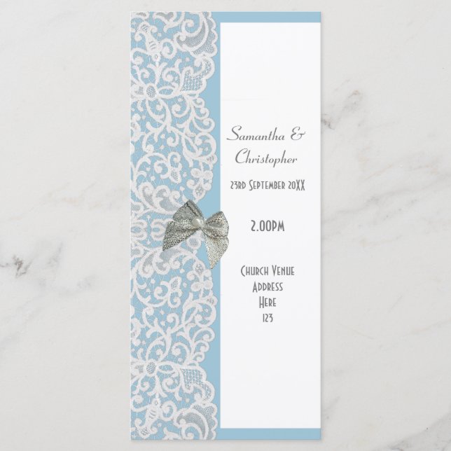 Pastel blue and white lace church wedding program (Front)
