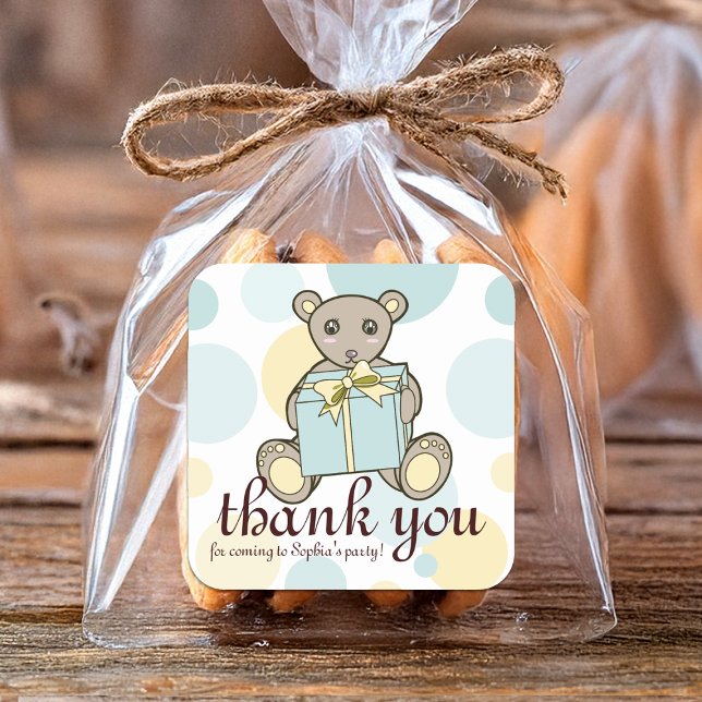 Pastel Blue and Yellow Cute Teddy Bear Thank You Square Sticker (Creator Uploaded)