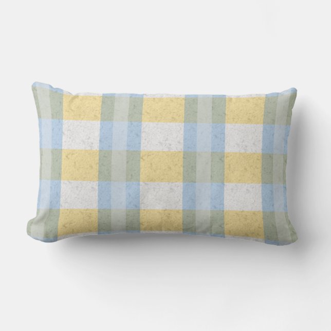 Pastel Blue and Yellow Plaid Pattern Lumbar Pillow (Front)