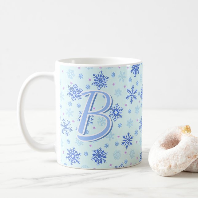 Pastel Blue Baby Blue Snowflakes Custom Monogram Coffee Mug (With Donut)