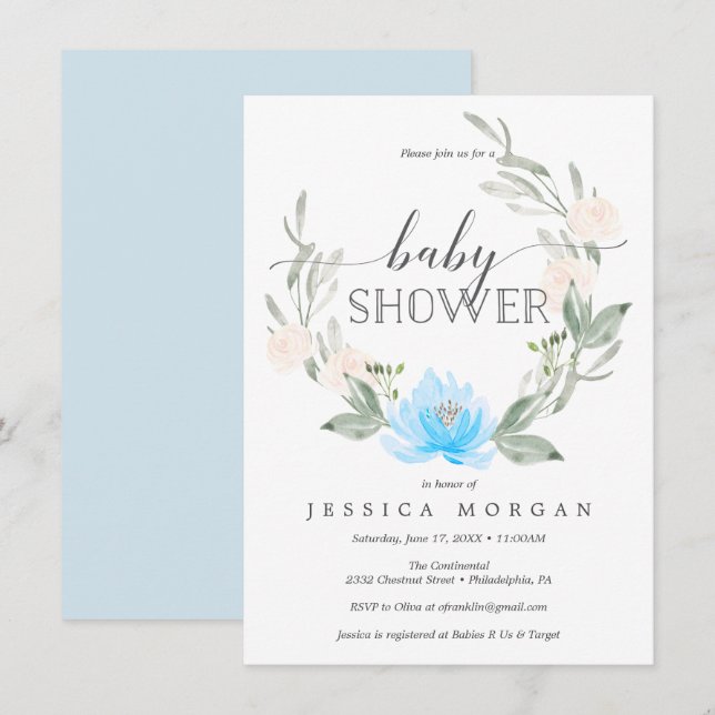 Pastel Blue Baby shower Invitation Douche Invitati (Devant / Derrière)