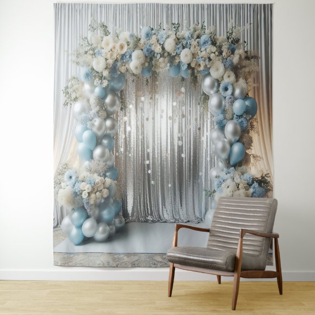 Pastel Blue Balloon Arch Backdrop, Soft Blue Flora Tapestry (In Situ)