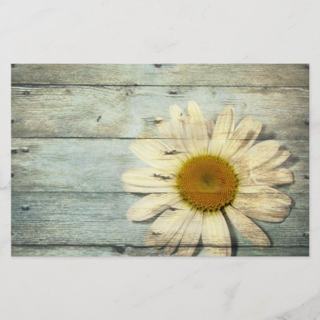pastel blue barnwood country daisy wedding stationery (Front)