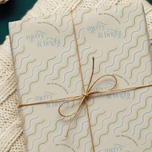 Pastel Blue Beige Wavy Stripes Merry Christmas Wrapping Paper