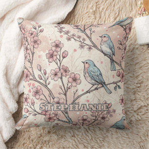 Pastel Blue Birds with Pink Cherry Blossoms Throw Pillow