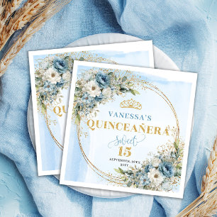 Pastel Blue Boho Floral Gold Glitter 15th Birthday Napkin